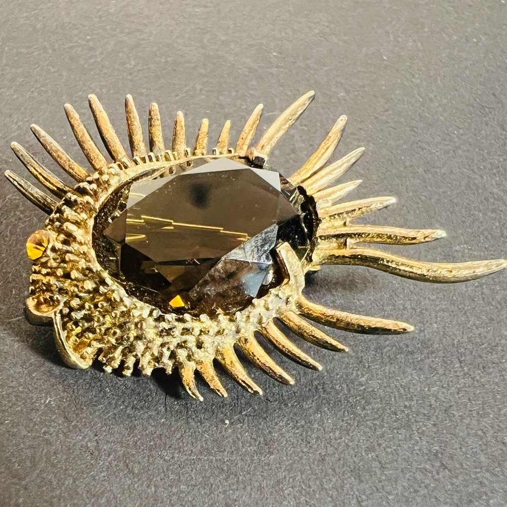 Vintage Emmons Brooch Pin Vermeil Spike Fish Smoky Faceted Stone Brutalist